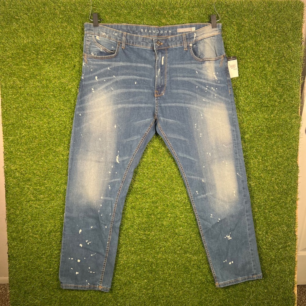 Sean John Athlete Tapered Stretch Jeans 40x32 Blizzard‎ Wash Paint Splatter